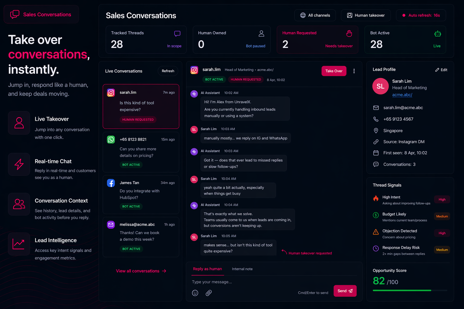 Sales conversations workspace showing AI takeover, live chat, and lead signals